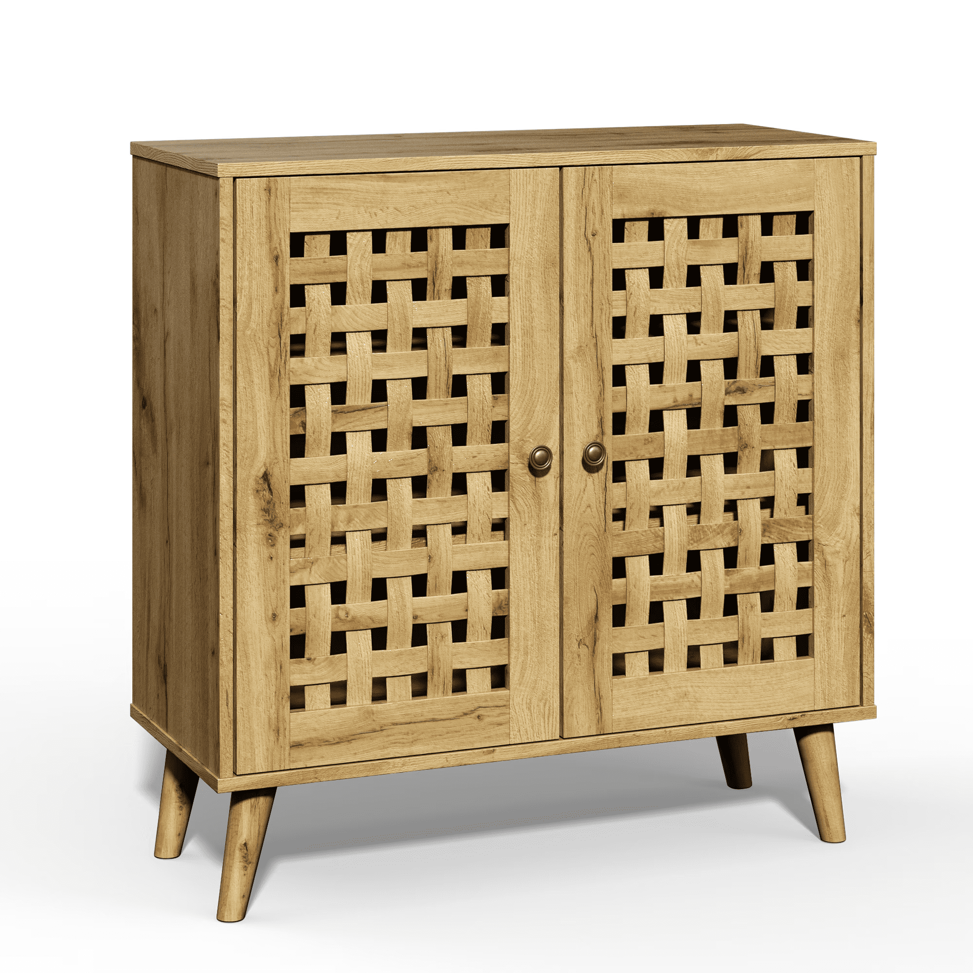 2-Door Storage Cabinet with Basket Weave Ventilated Doors, Vintage Buffet Sideboard with Adjustable Shelves, Coffee Bar Cabinet for Dining Room Entryway Living Room