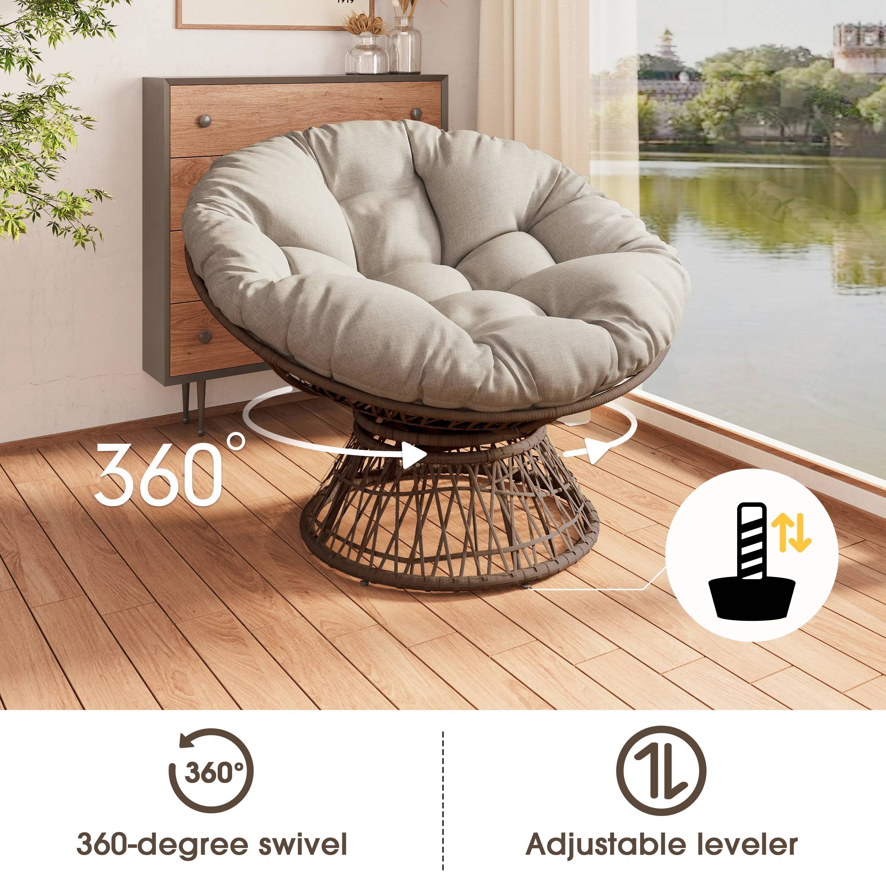 EUROCO 41.5" Oversized Ergonomic Wicker Papasan Chair,Rattan Papasan Chair with Soft Thick Density Fabric Cushion,High Capacity Iron Frame,360 Degree Swivel and 3-proof Cover for Living,Lounge,Beige