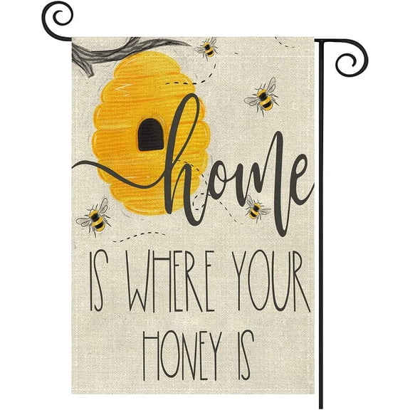 Bee Happy Garden Flag Vertical Double Sided 12 x 18 Inch, Home is Where Your Honey is Burlap Outdoor Yard Flags