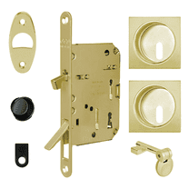 AGB Scivola Tre Sliding Pocket Door Keyed Lock Case w/ Square Pull Handles, Polished Brass