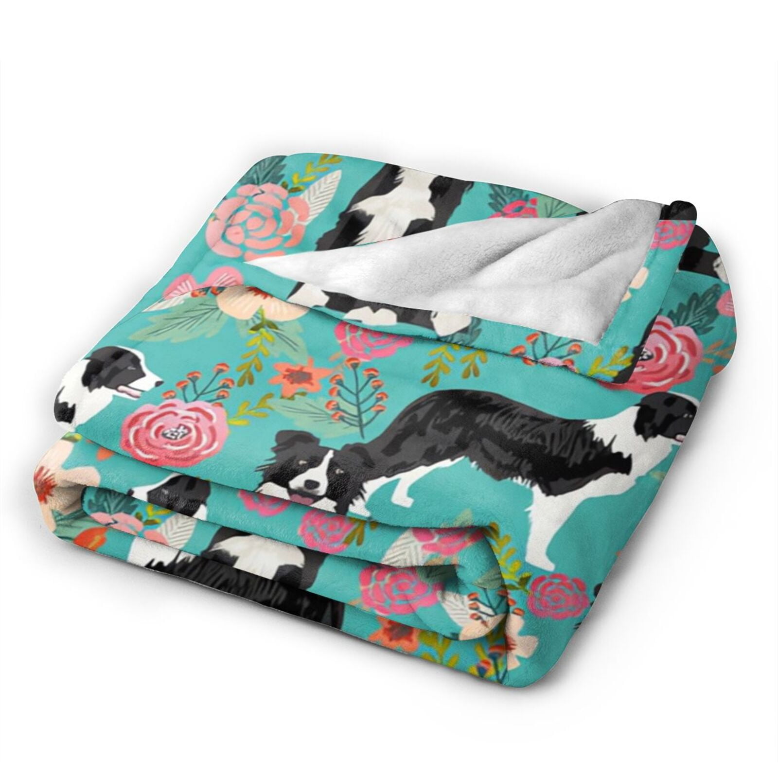 Wijzvio Border Collie Dogs Flower Floral Throw Blanket Soft Fuzzy Fleece Blanket For Couch Bed Living Room Decoration 60"X50"