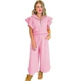 thumbnail image 6 of Women's Pink Textured Ruffled Sleeve Zipped Top and Wide Leg Pants Set | [ZhiHiMeRi] | (US 12-14)L, 6 of 6