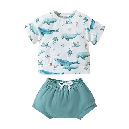

Arvbitana 0-18 Months Newborn Baby Boys Summer 2Pcs Outfit Sets Short Sleeve Shark Print T-Shirt + PP Shorts with Drawstring Blue