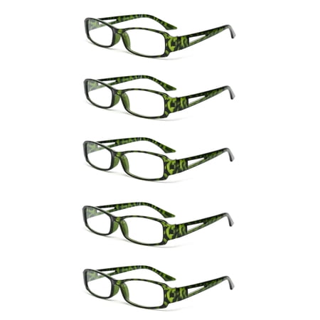 EYE ZOOM 5 Pack Classic Rectangular Plastic Reading Glasses for Men and Women, Tortoise Green +1.50