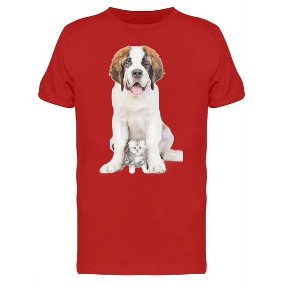 St. Bernard Sitting With Kitten T-Shirt Men -Image by Shutterstock, Male XX-Large
