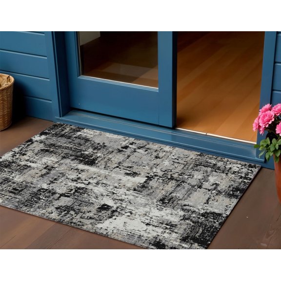 HomeRoots 597932 3 x 5 ft. Black & Gray Abstract Washable Indoor & Outdoor Rectangle Area Rug