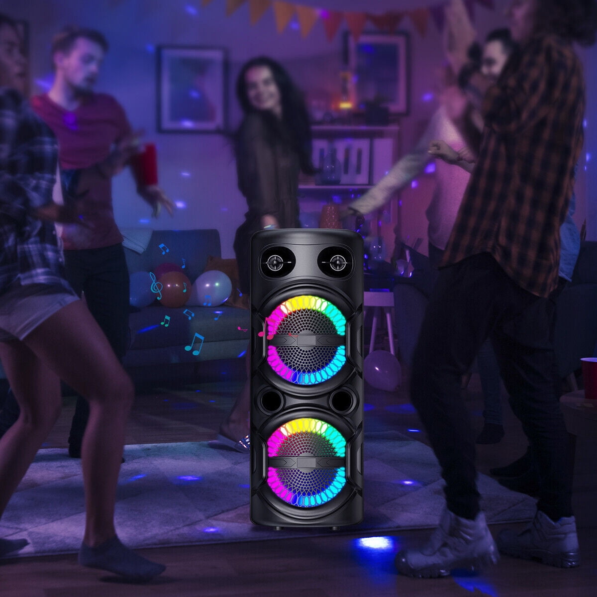 Curuk Wireless Portable Speaker, Bluetooth Speaker Dual 8" Woofer Karaoke Heavy Bass Stereo Sound PA System & Mic, Remote, FM, LED Light
