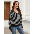 thumbnail image 5 of Womens Sweaters 2025 V Neck Long Sleeve Striped Tops Fall Winter Comfy Knit Clothes Pullover Sweater Black & White XL, 5 of 7