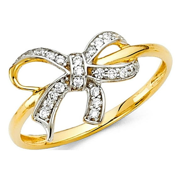 14k Yellow Gold Bowtie Ring CZ Designer Inspired Band Stylish Pave Set Polished Fancy Size 7