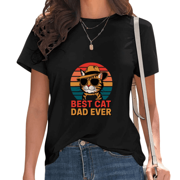 Black Retro Sunset Cool Cat Best Cat Dad Ever Tshirt Graphic Tees Shirts Vintage Cat Lover Cowboy Style Father's Day Gift Comfort Casual Tops S-5XL