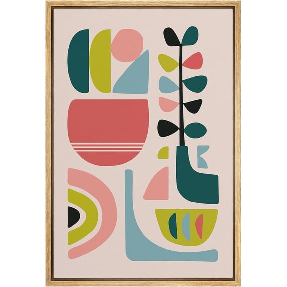 IDEA4WALL Framed Canvas Wall Art Rainbow Abstract Geometric Plants & Vases Digital Art Nordic Boho Floral Modern Print Colorful Wall Decor for Nursery Room, Kindergarten - Natural 24"x36"