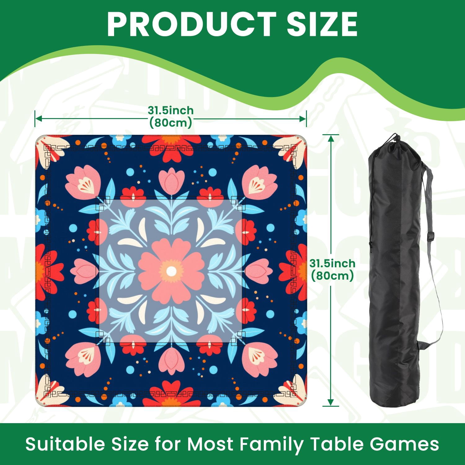 Mahjong Mat 31.5" x 31.5" Symmetrical Floral Folk Red Pink Flowers Dark Blue Non-Slip Noise Reduction American Mahjong Tiles Table Cover for Dominoes Poker Card Board Games Gift