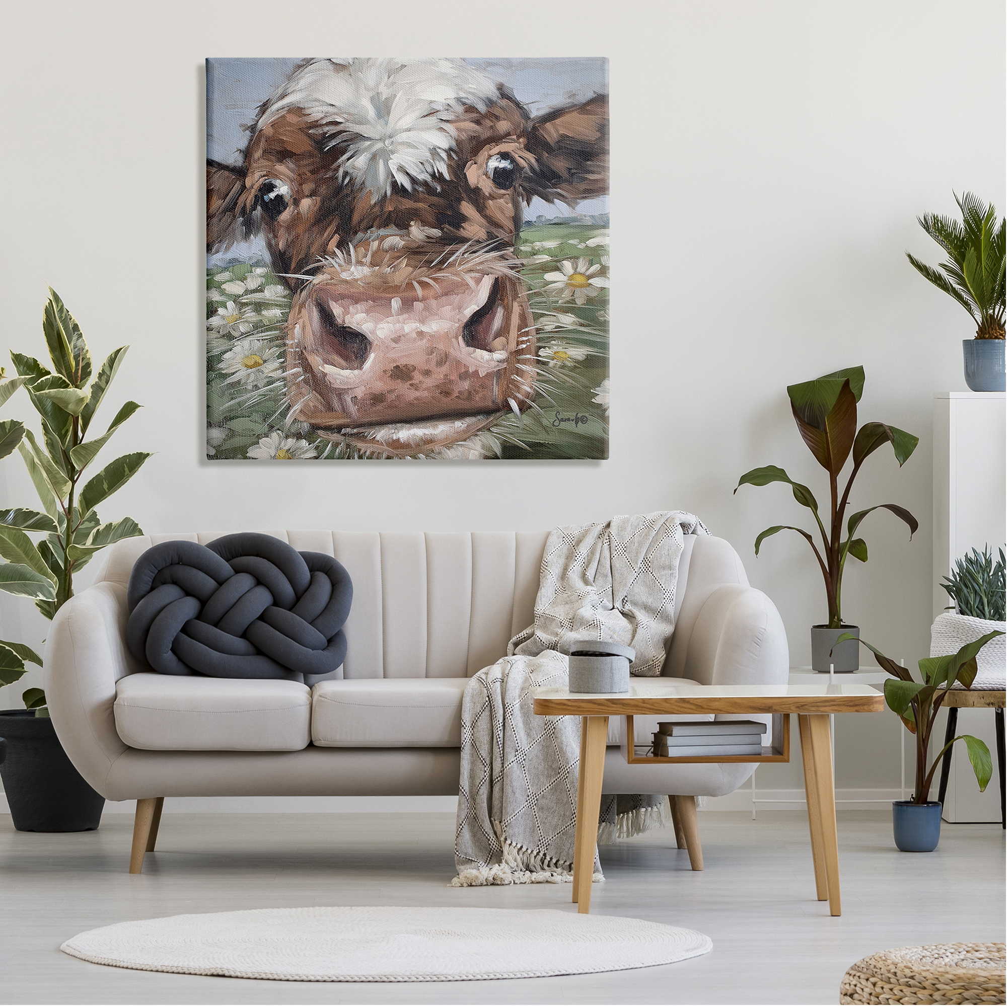 Stupell Close Up Cow Daisy Meadow Painting Animals & Insects Painting Gallery Wrapped Canvas Print Wall Art