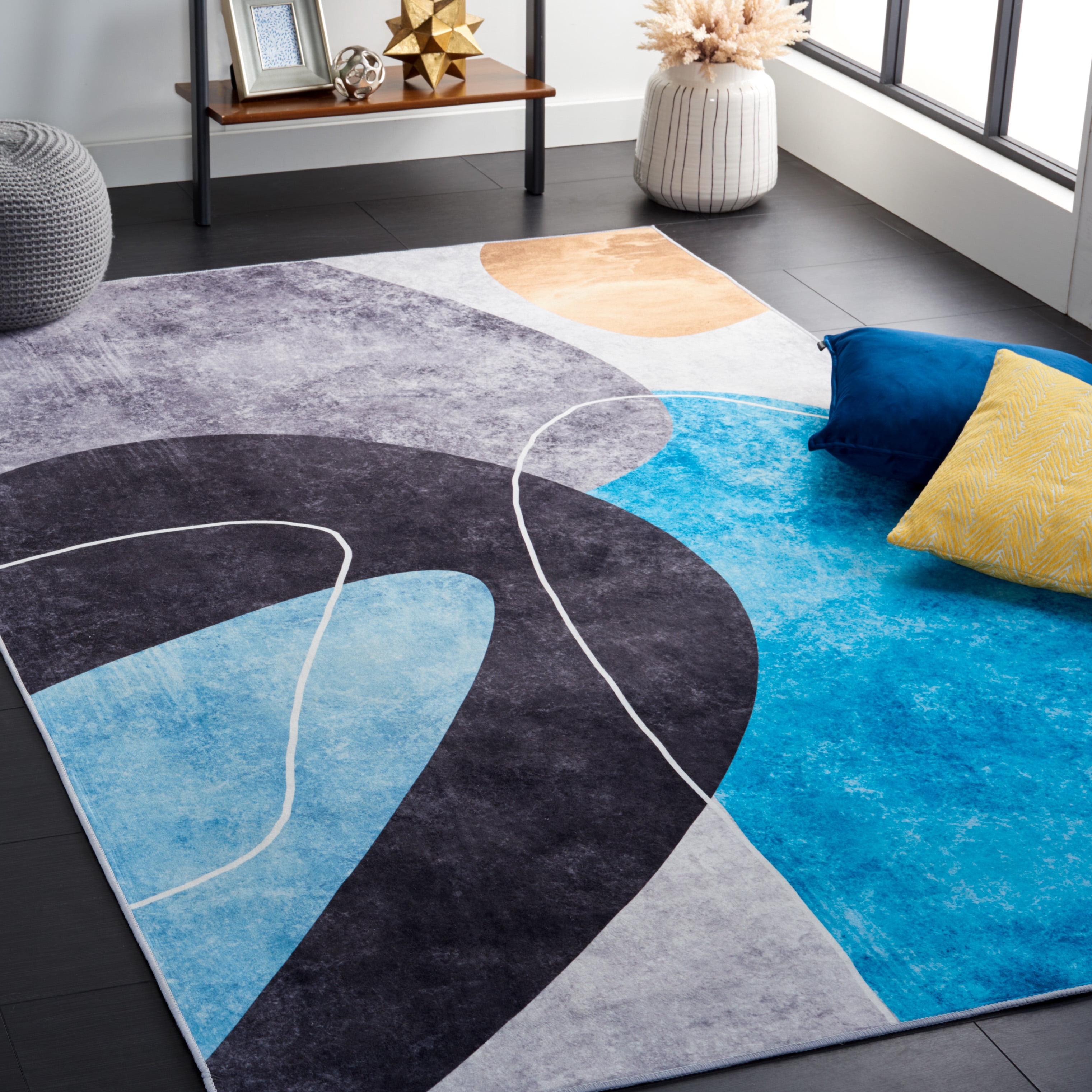 SAFAVIEH Tacoma Sophia Abstract Machine Washable Area Rug, Dark Grey/Turquoise, 10' x 14'