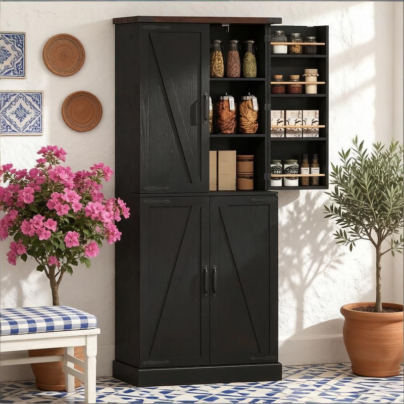 Farmhouse Style Storage Cabinet with Side Rack, Home Bar Sideboard Organizer, Kitchen Pantry Cabinet with Adjustable Shelf