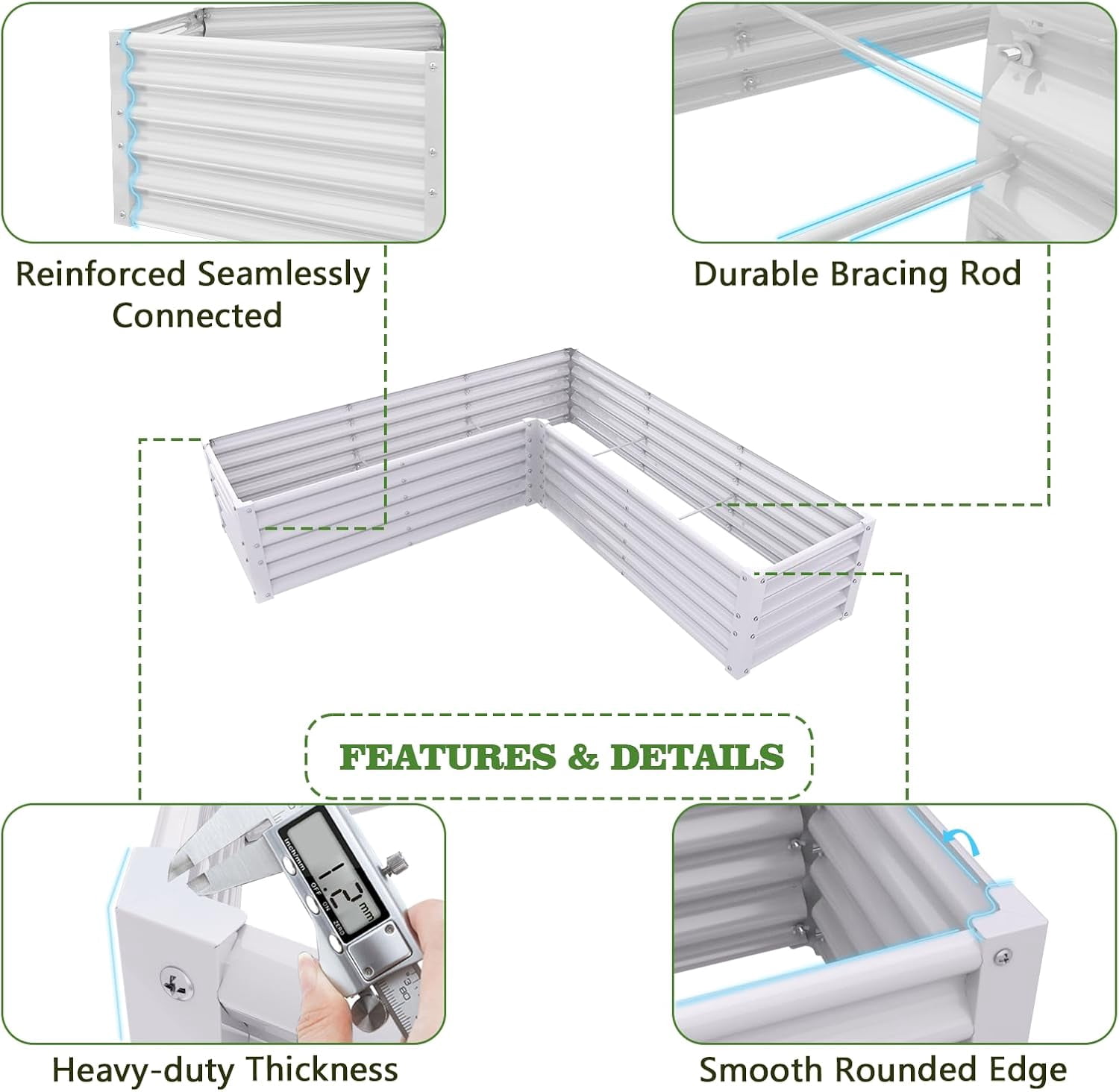 A ANLEOLIFE 8-Piece 18 Inch Tall Antique White Raised Garden Beds Kit, L-Shaped & Square Metal Planters –Ideal for Structured Backyard Layouts.
