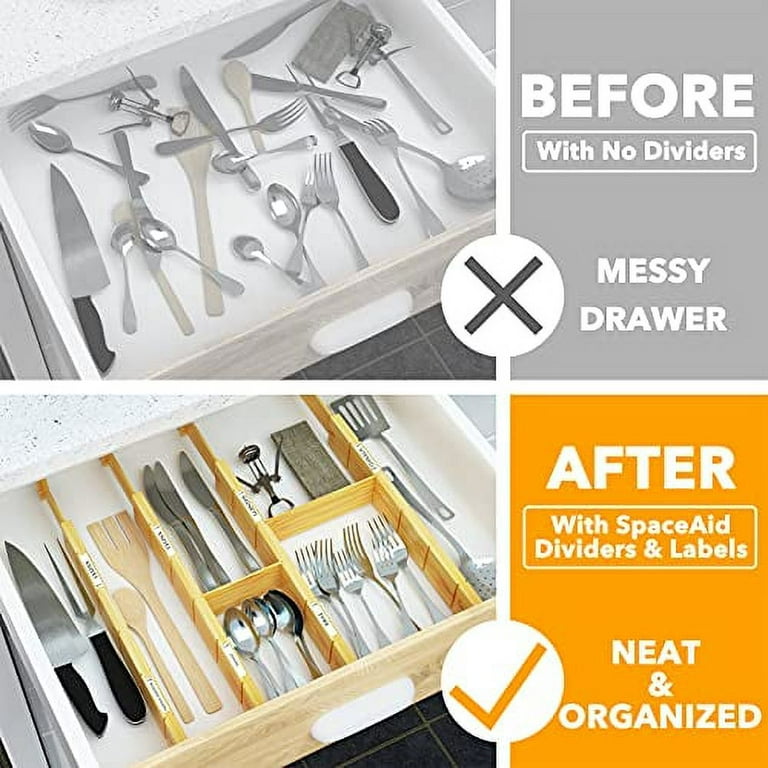 SpaceAid Bamboo Drawer Dividers with Inserts and Labels, Kitchen Adjustable Drawer Organizers, Expandable Organization for Home, Office, Dressers