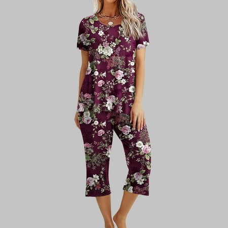 

DAETIROS Womens Blouse Sets Printing Round Neck Short Sleeve Sleepshirt And Pants Sets Loungewear Pajamas With Pockets Wine Size XXL