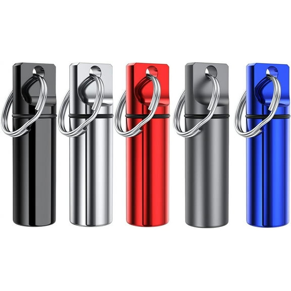 Small Portable Pill Box Keychain (5 Pack), Aluminium Alloy Mini Pill Organizer Case Container for Purse,Waterproof Metal Pill Holder Medicine Bottle for Outdoor Camping Travel