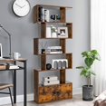 thumbnail image 3 of Giantex 2PCS 6-Tier Geometric Bookcase  w/Cabinet, Freestanding Display Shelves  w/Anti-Tipping Device, Wood S-Shaped Bookshelf, Brown, 3 of 8