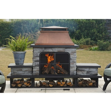 UPC 846822003955 product image for Sunjoy  Bel Aire Large Faux Stone Steel  Outdoor Fireplace with Wood Storage | upcitemdb.com