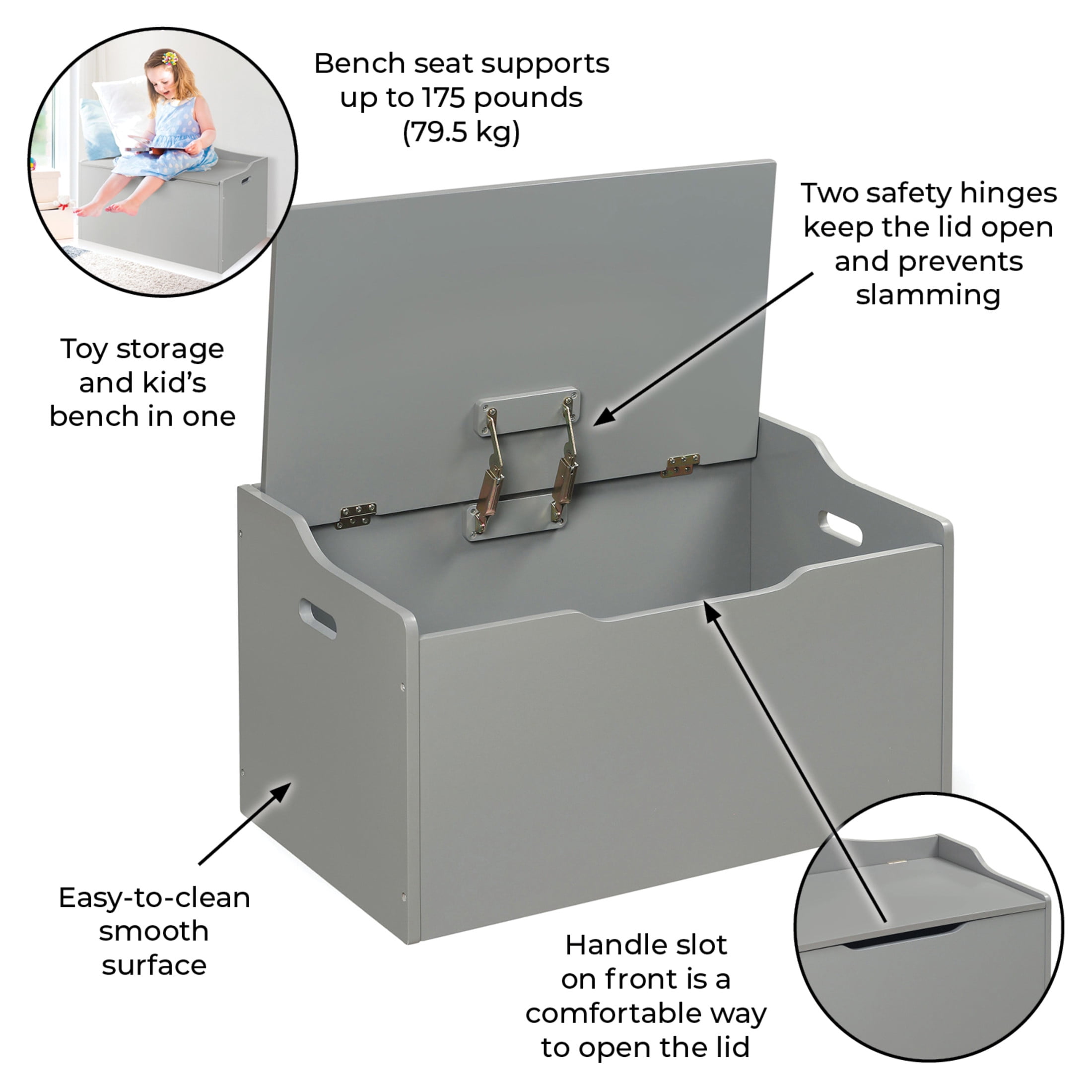 Badger Basket Child's Wooden 25 gal Bench Top Toy Box, Gray