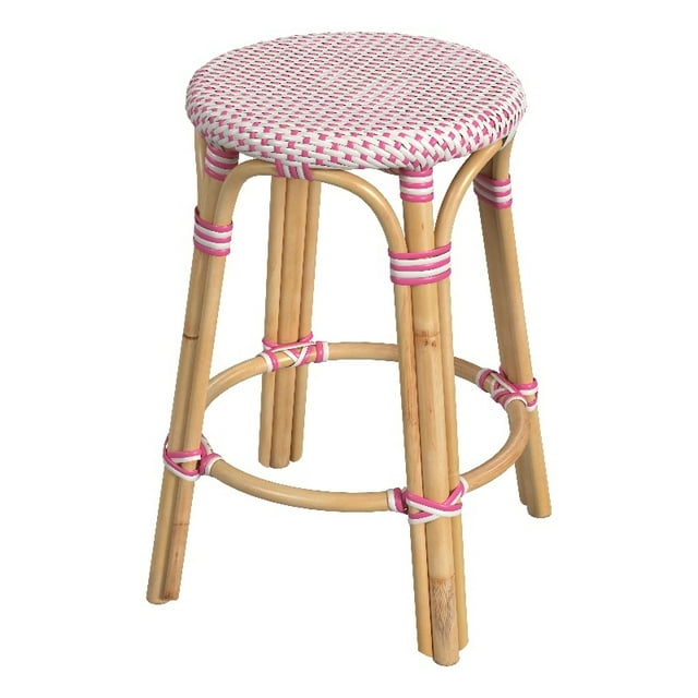 Butler Specialty Company Tobias Rattan Round 24" Counter Stool - White and Pink