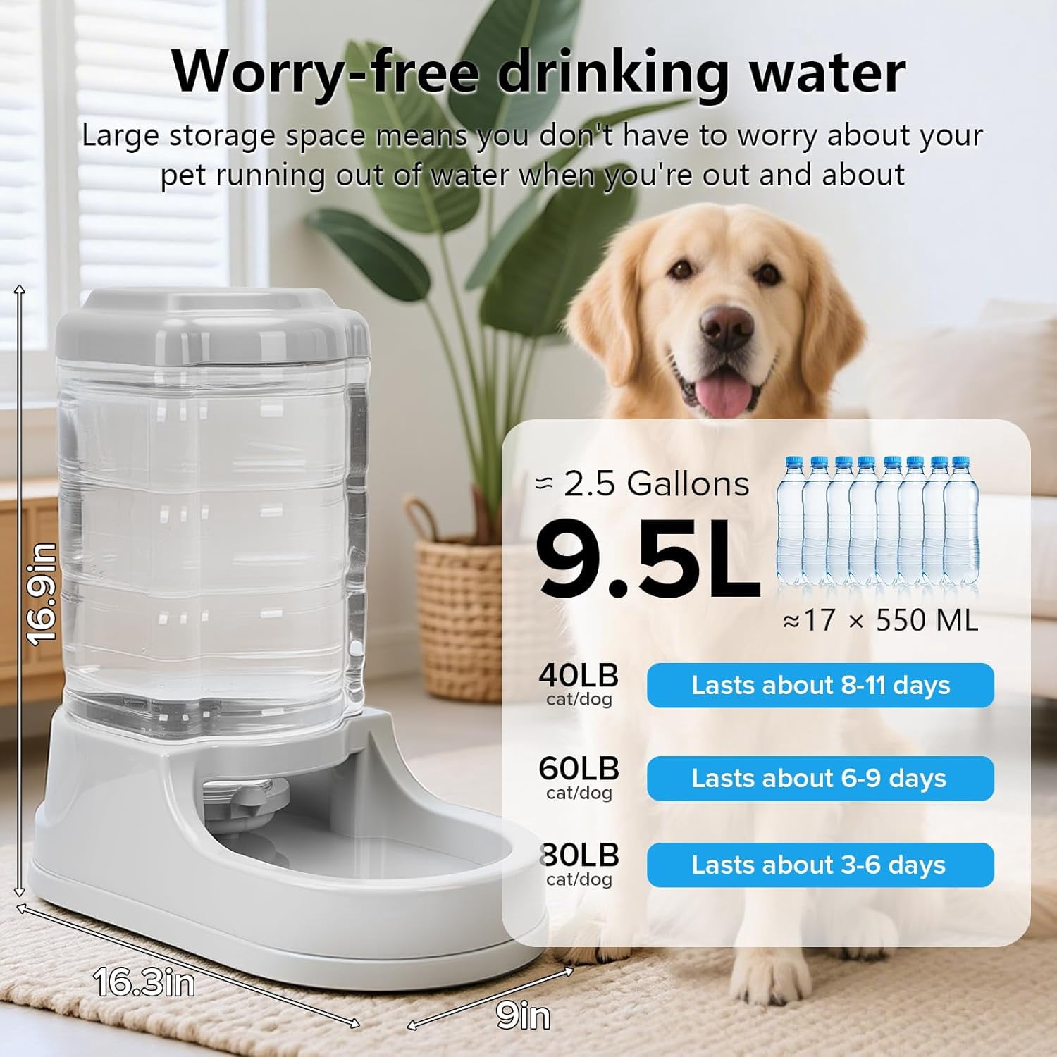 9.5L Gravity Large Dog Feeder, Automatic Dog Food Dispenser, Suitable for Indoor/Outdoor