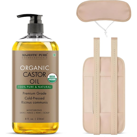 Majestic Pure USDA Organic Castor Oil with Reusable Wraps, Cold Pressed & Hexane Free Castor Oil for Hair, Skin, Face, Body, Nails & Scalp, 8 Fl Oz