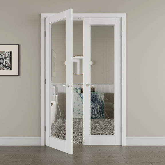 48" x 80" 1 Panel Clear Glass Double Doors with French Door Ready-to-Assemble Jamb, Solid Door, Silver Levers & Hinges, Interior Door, Pre-finished & Paintable, White