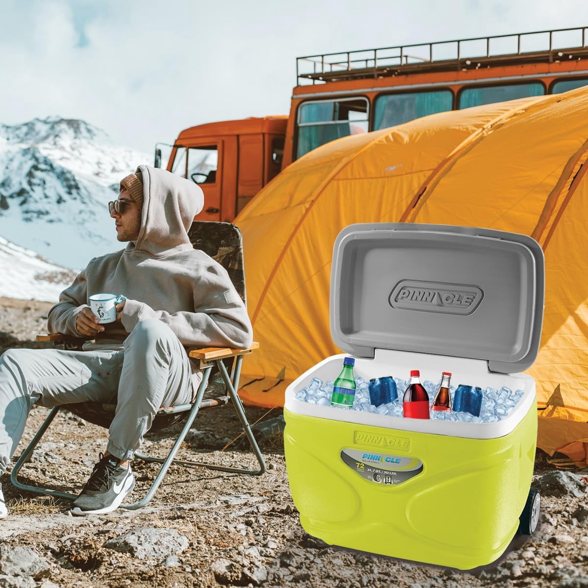 Pinnacle 30L Cooler with Wheels Set, 3 Coolers with Ice Bricks, Cup Holder Lid, Green