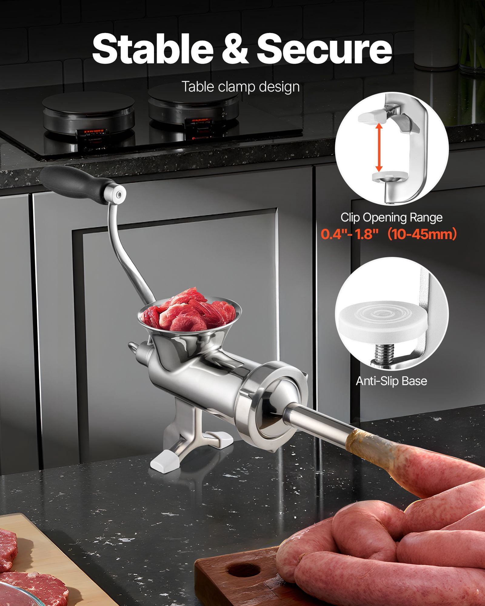 Manual Meat Grinder with Table Clamp, 304 Stainless Steel, 5mm/8mm Plates, Sausage Stuffer, for Home Kitchen Commercial Use