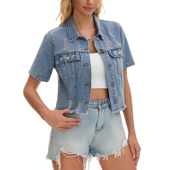 INSPIRE CHIC Short Sleeve Denim Jacket Button Up Ripped Frayed Cropped Jean Jacket S Gray Blue