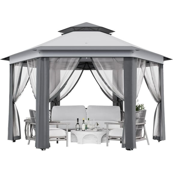 13x13 Ft Pop Up Gazebo Hexagonal Outdoor Canopy Tent with Mosquito Netting Dual Vent Roof Awning Waterproof, UV Resistant Height Adjustable for Backyard, Patio, Deck, Lawn Parties - Gray