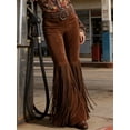 thumbnail image 5 of High Waisted Faux Suede Feel Knit Fringe Flare Pants High Density Tassel Bell Bottoms Western Cowgirl Style Stretchy Trousers for Nashville Country Music Festival Stagecoach and Rodeo, 5 of 9