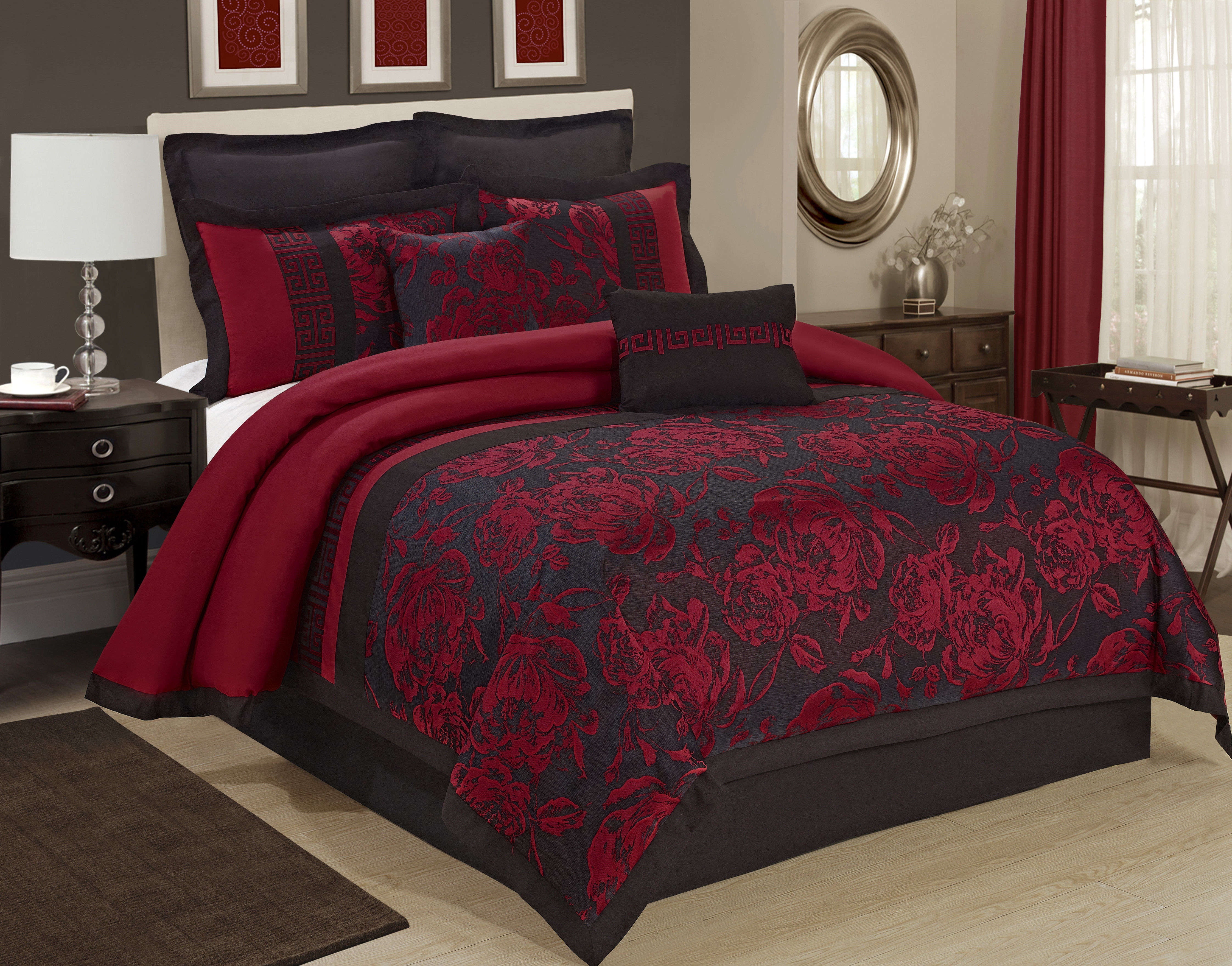 8 Piece Jacquard Fabric Patchwork Comforter Set Queen Burgundy/black