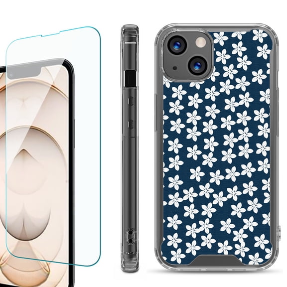 Shockproof Bumper Phone Case for iPhone 13, with Tempered Glass Screen Protector, by OneToughShield ® - Flower/Blue