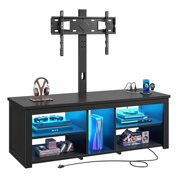 TV Stand with Mount and Swivel TV Stand for 70 inch TV Modern Wood Entertainment Center with Power Outlet for Living Room, Gaming Console for Bedroom, Carbon Fiber Black