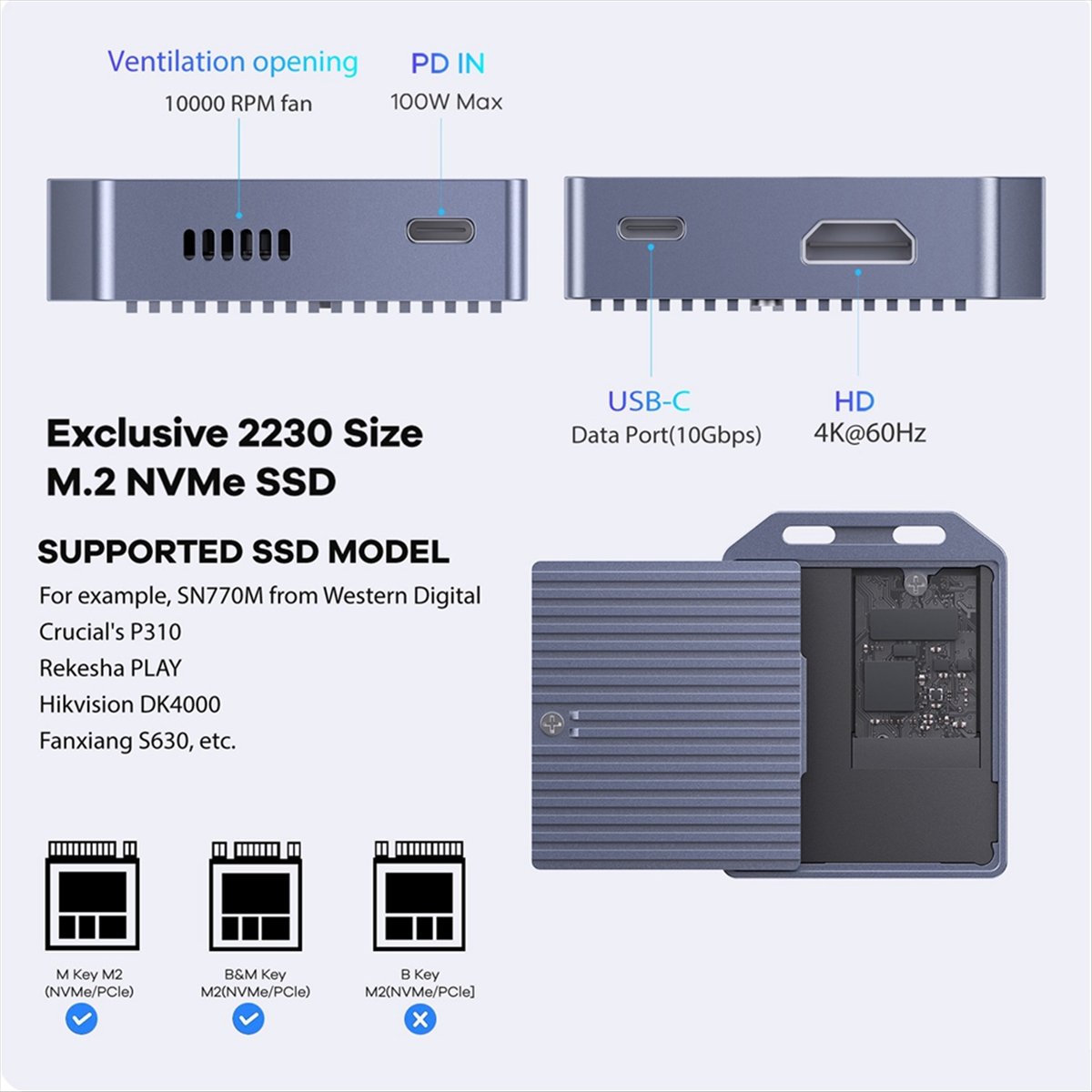 2230 M.2 NVMe/ SSD Enclosure with Cooling Fan USB 3.2 Gen 2 to NVMe PCI-E M.2 SSD Case for 2230 M.2 SSD
