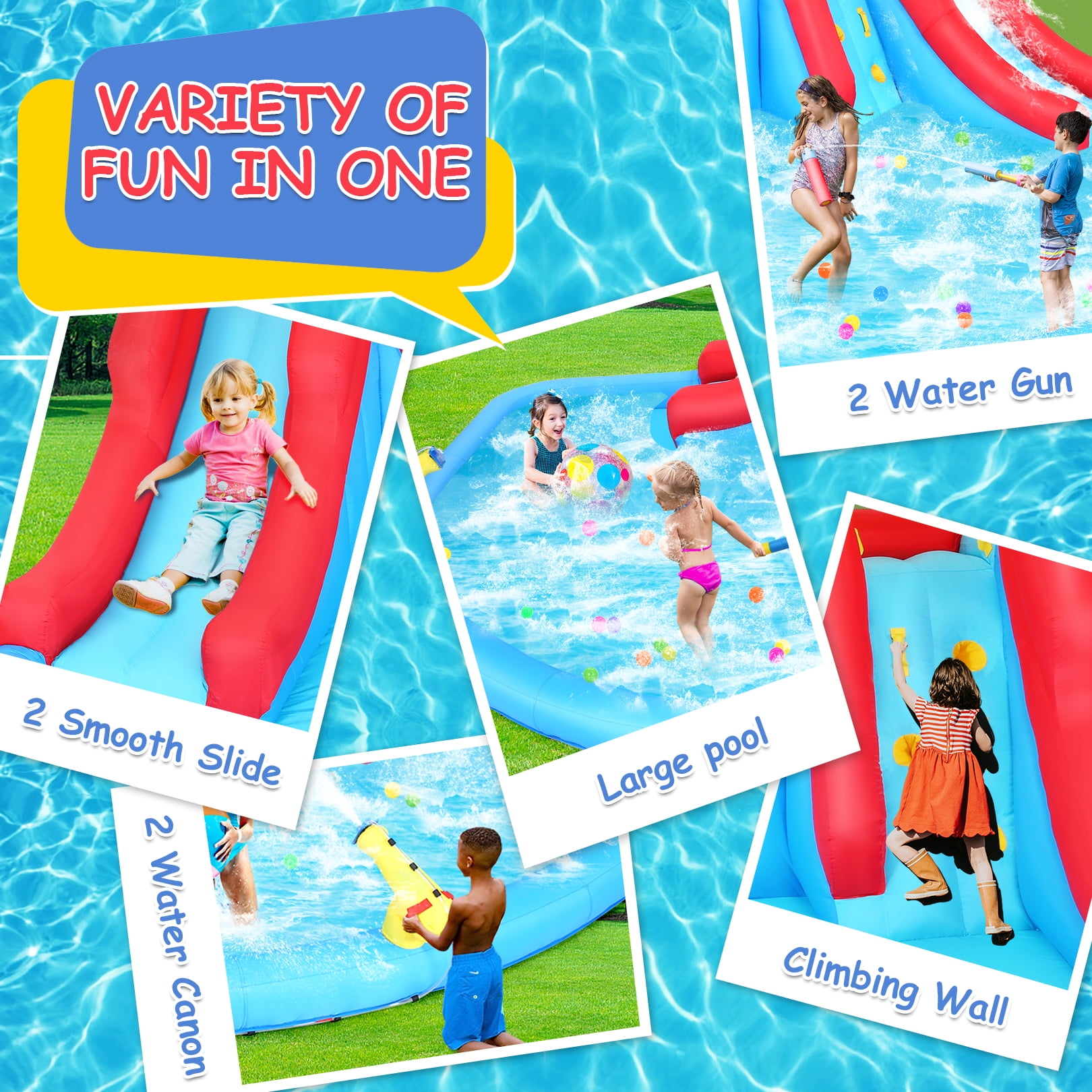 Veeboto Inflatable Water Slide, Inflatable Water Slide with 440W Blower, Includes Large Play Pool, Double Slides, Climbing Wall, Double Water Cannons for Large Water Parks
