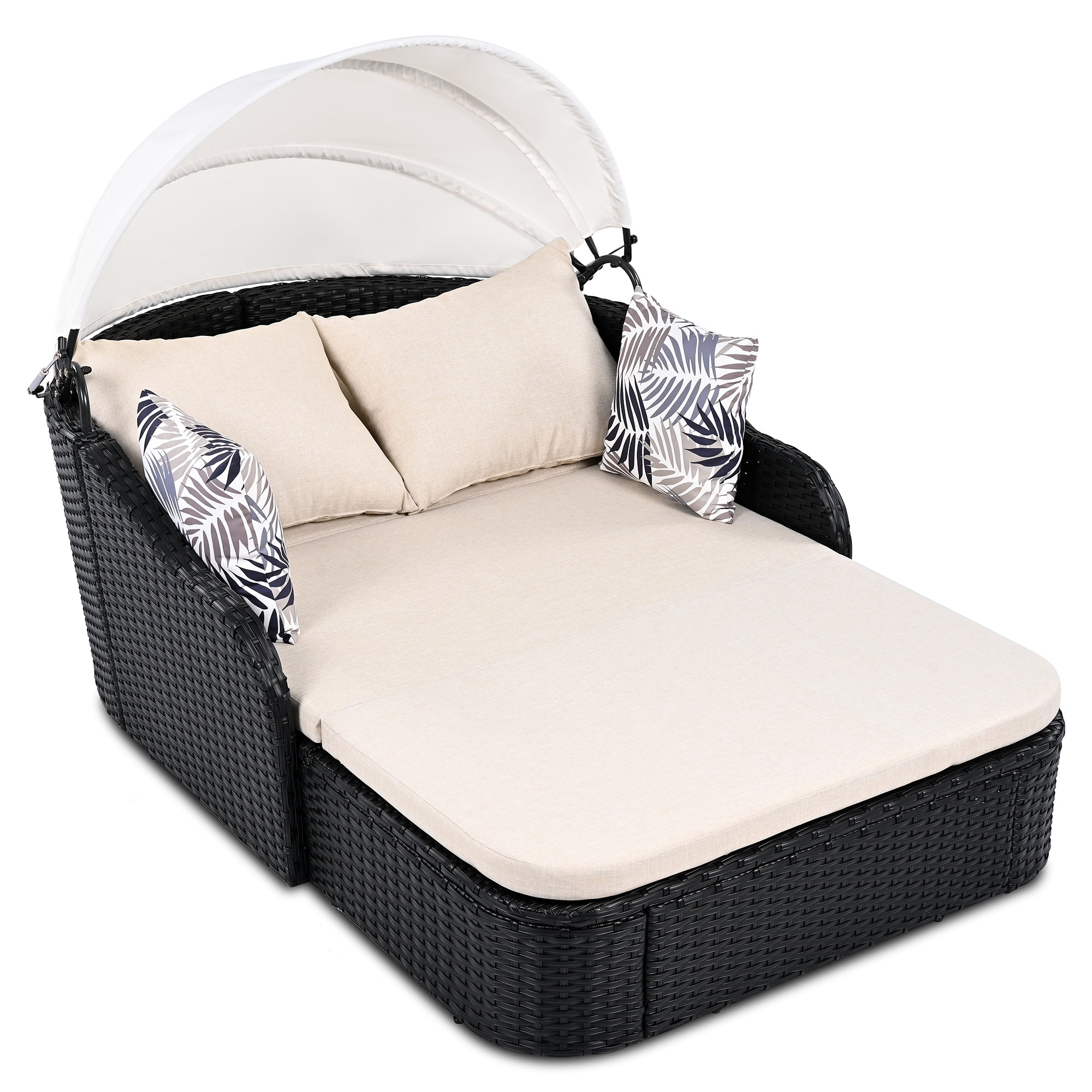 80" Outdoor Sunbed with Adjustable Canopy,Sectional Rattan Round Bed with Double lounge,Beige+Black