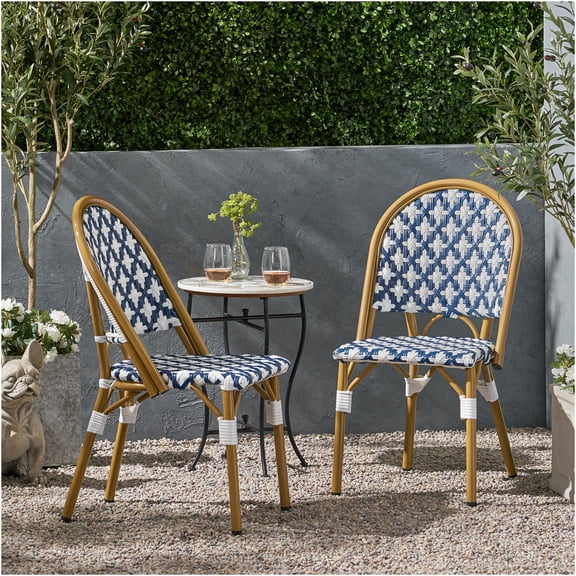 JERFIT French Bistro Chair Set of 2, White and Navy Aluminum Outdoor Patio Dining Chairs, All-Weather Rattan Cafe Side Chairs for Garden, Pool, Porch