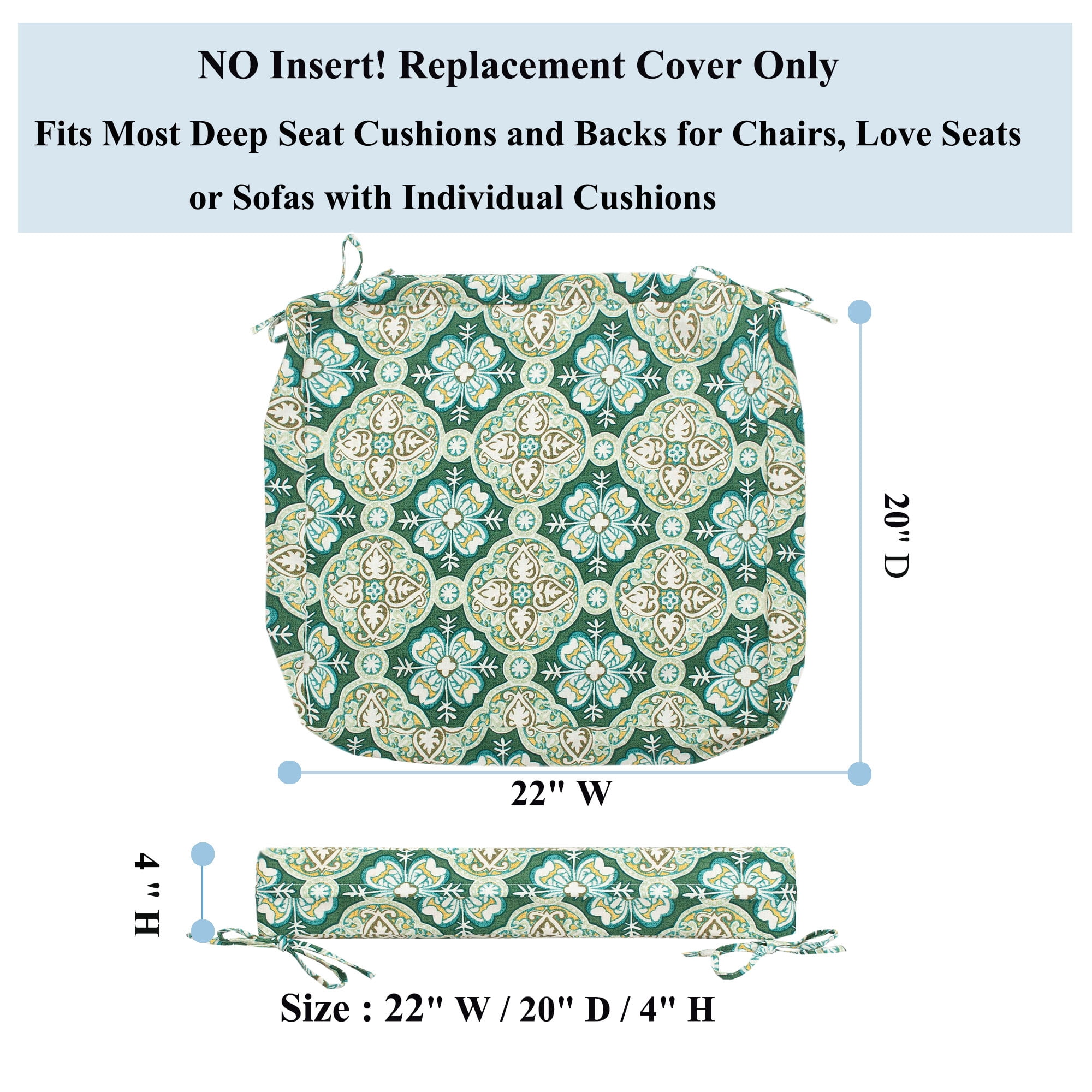 MAGPIE Indoor Outdoor 22" x 20"x 4" Chair Cushion Cover Replacement 2 Pack, NO Insert! Seat Cushion for Patio Garden Chair Sofa Bench Wicker(Green Medal)