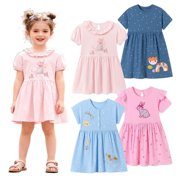 Bellafa Little Girl's Appliuqe Cotton Summer Dress Toddler Short Sleeve Tiered Swing A-Line Casual Sundress 2-7 Years