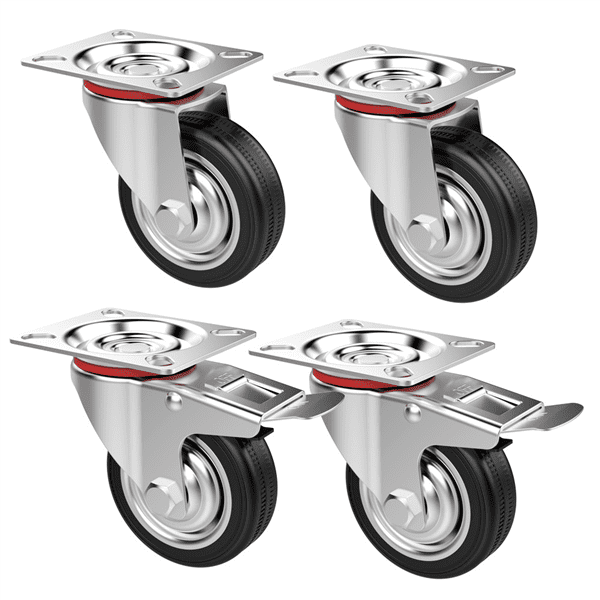 4 Heavy Duty Caster Set 3" Swivel Wheels 2 w/ Brake Non Skid No Mark Castors