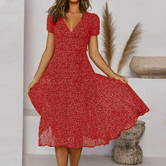 Dress For Women V Neck Polka Dot Floral Print Down Short Sleeve Dresses Red L