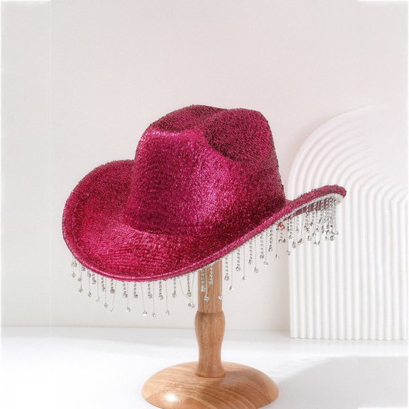 Women's Cowgirl Hat Elegant Light Hat With Shiny Tassel Cowboy Hat Wide Brim Tassel Hat