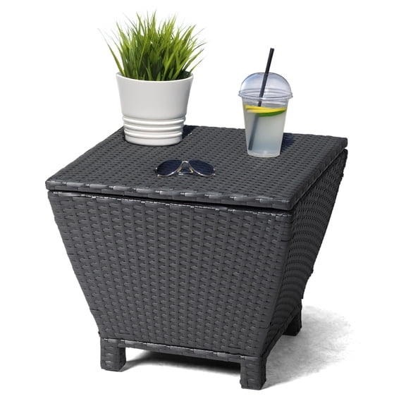 Xilee Outdoor PE Wicker Side Table Trapezoid with Storage,Small Patio Storage Bin Container for Furniture Covers, Toys and Gardening Tools,Hose Cushion Towel, Black