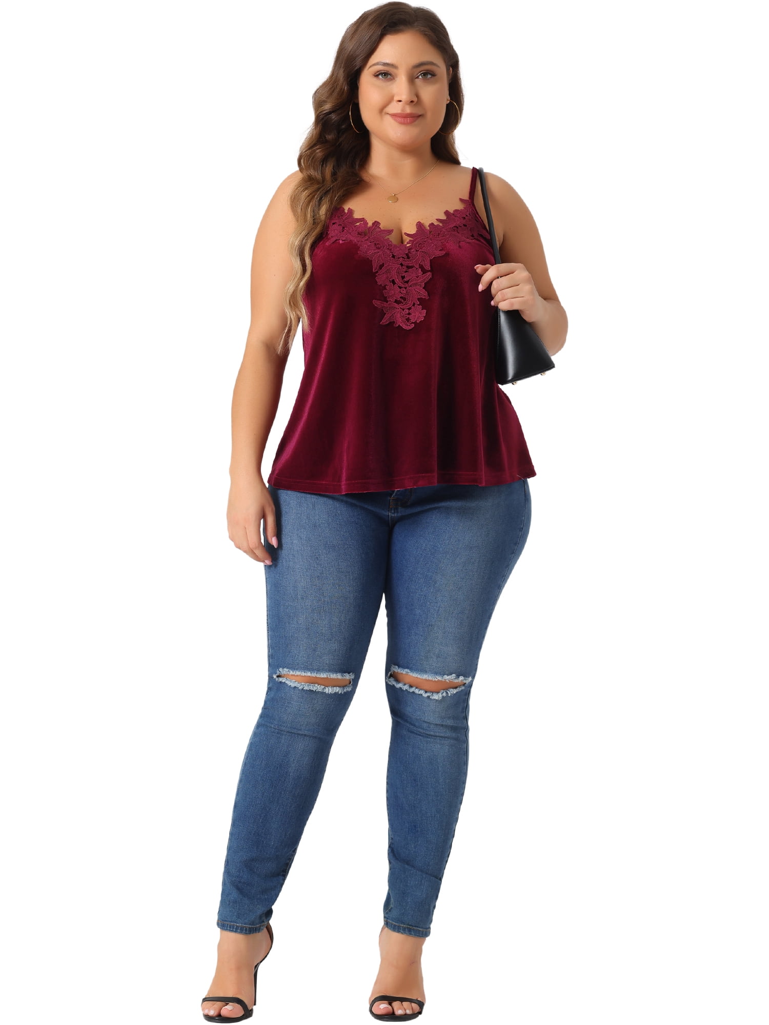 DARING DIVA Women's Plus Velvet Tank Tops V Neck Lace Floral Panel Cami 2X Burgundy