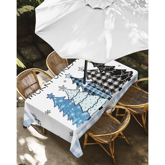 Outdoor Tablecloth with Umbrella Hole, Merry Christmas Trees Zippered Table Cloth for Rectangle Tables, Winter Snowflakes Blue Check Washable Waterproof Tablecloths for Picnic Patio Garden